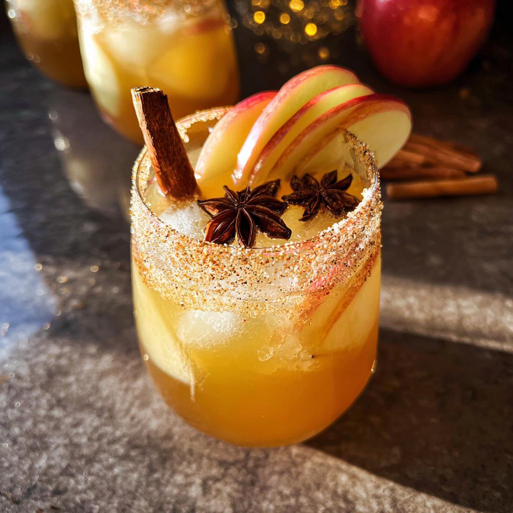 Close-up of a festive apple cider cocktail, perfect for Thanksgiving Drinks in 20 Minutes, garnished with apple slices, cinnamon sticks, and star anise.