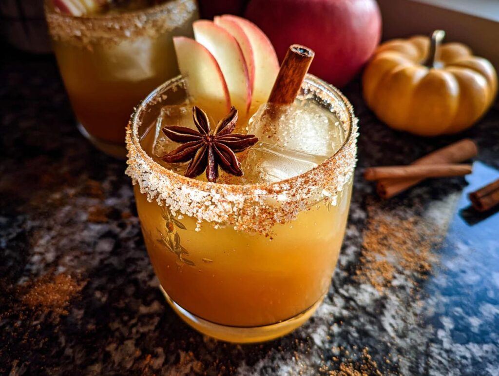 A festive apple cider cocktail garnished with star anise, cinnamon stick, and apple slices, perfect for Thanksgiving Drinks in 20 Minutes.