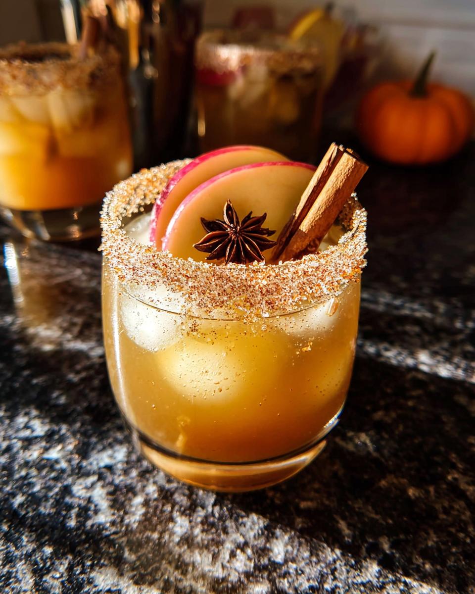 A festive apple cinnamon cocktail, perfect for Thanksgiving Drinks in 20 Minutes, garnished with apple slices, cinnamon stick, and star anise.