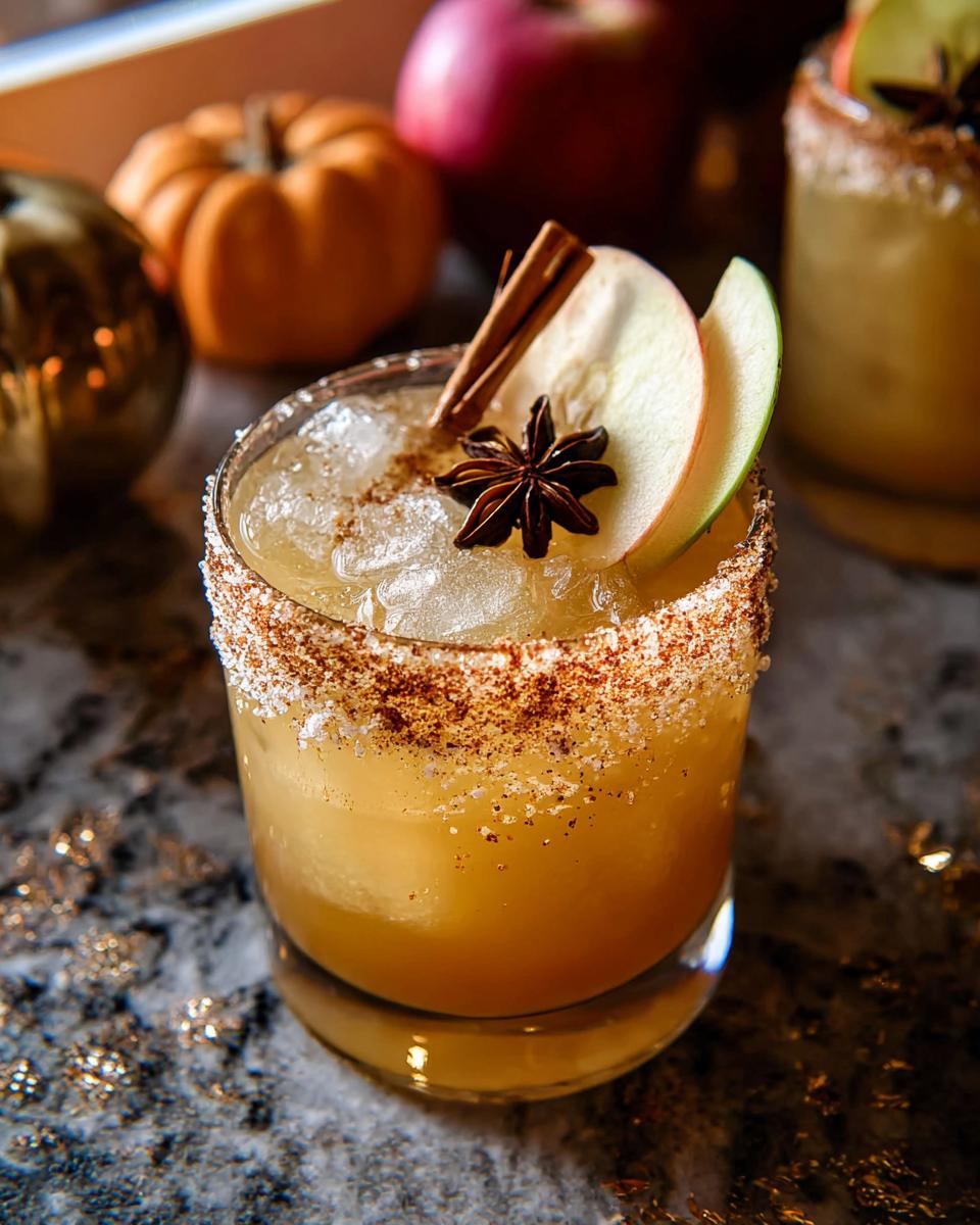 A festive apple cinnamon cocktail, perfect for Thanksgiving Drinks in 20 Minutes, garnished with apple slices, a cinnamon stick, and star anise.