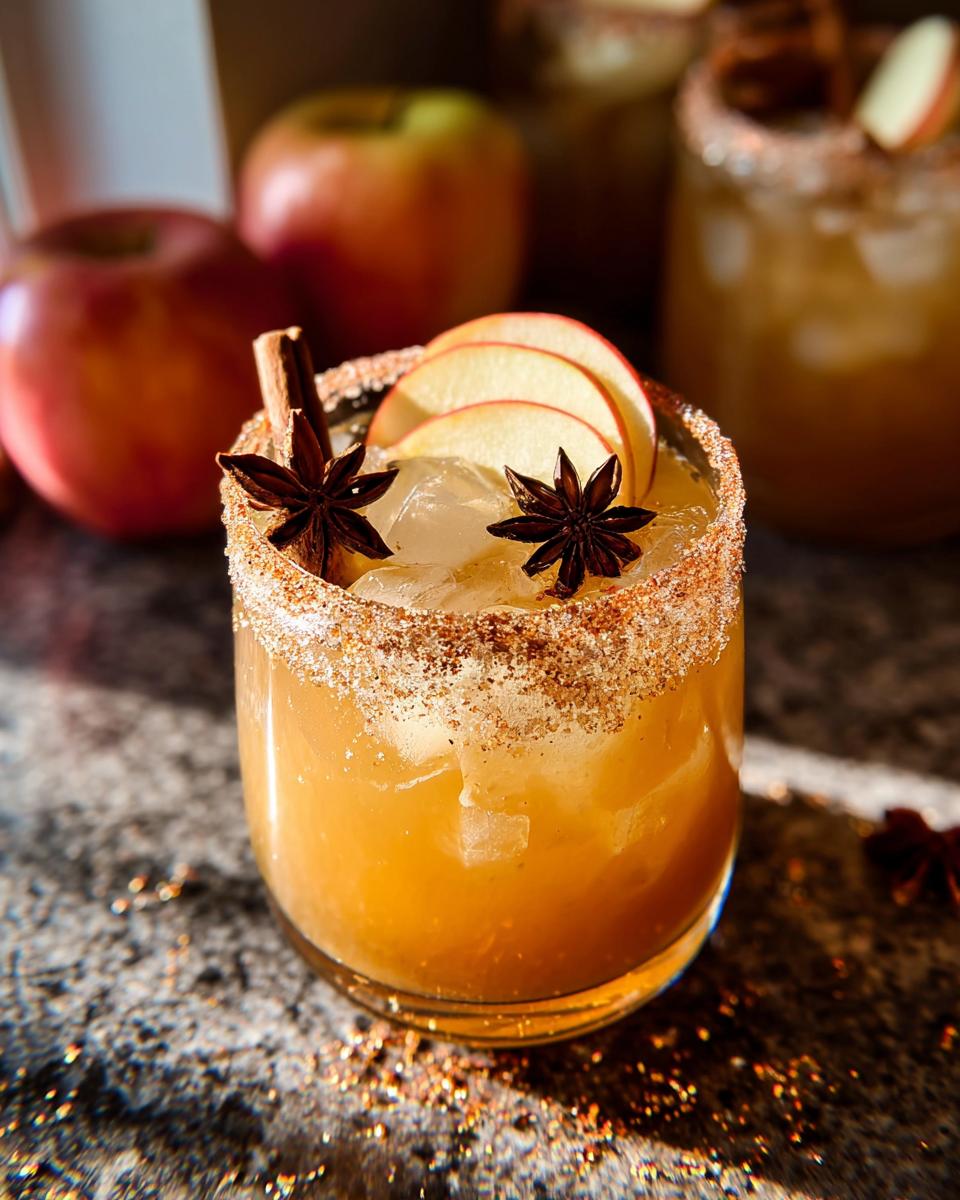 A festive spiced apple cocktail, perfect for Thanksgiving Drinks in 20 Minutes, garnished with apple slices and star anise.
