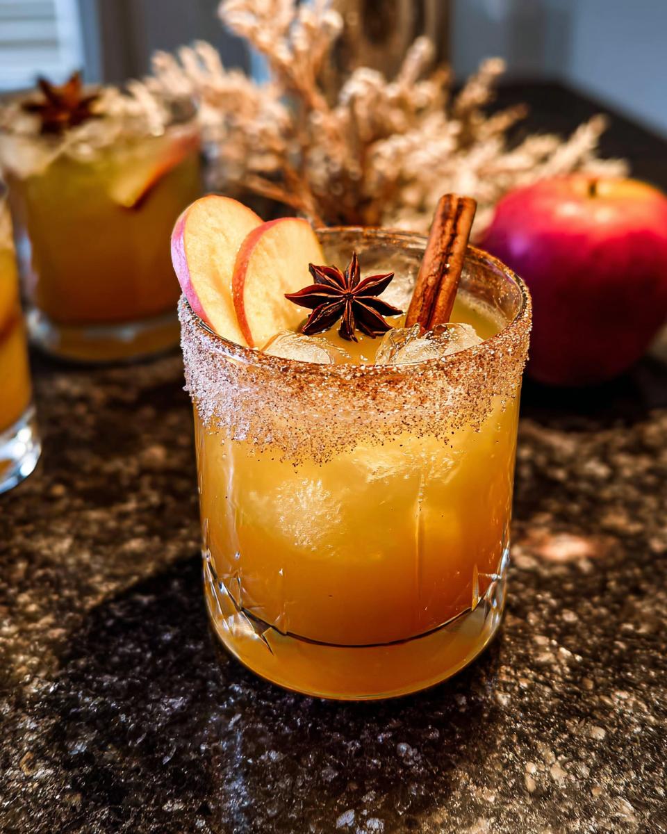 A festive spiced apple cocktail, perfect for Thanksgiving Drinks in 20 Minutes, garnished with apple slices, star anise, and a cinnamon stick.