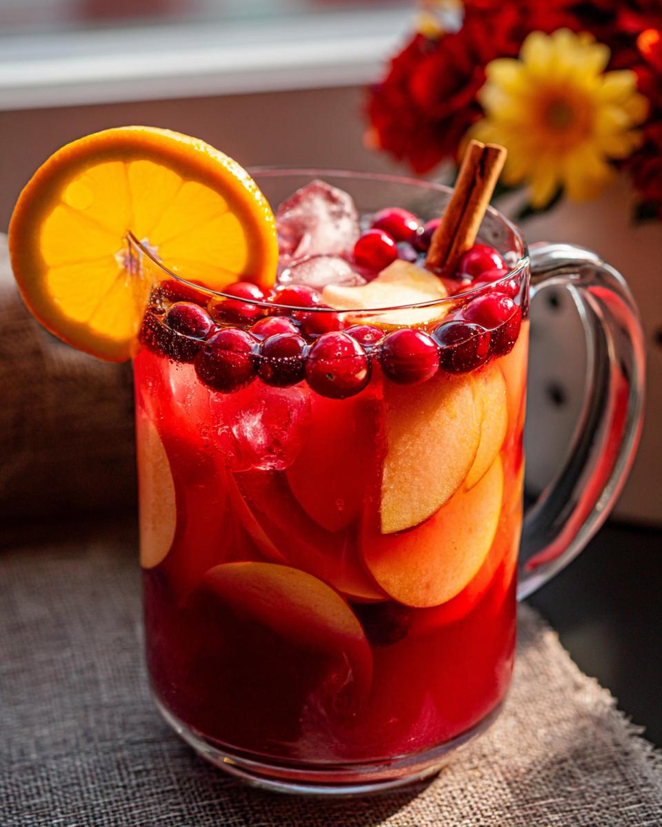 A refreshing glass of Thanksgiving drinks, a cranberry apple punch with orange slice, cranberries, apple slices, and cinnamon stick.