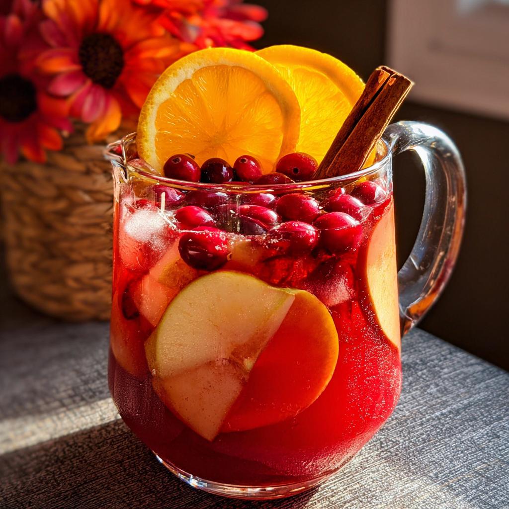 A pitcher of festive Thanksgiving drinks filled with cranberries, orange slices, apple slices, and a cinnamon stick.