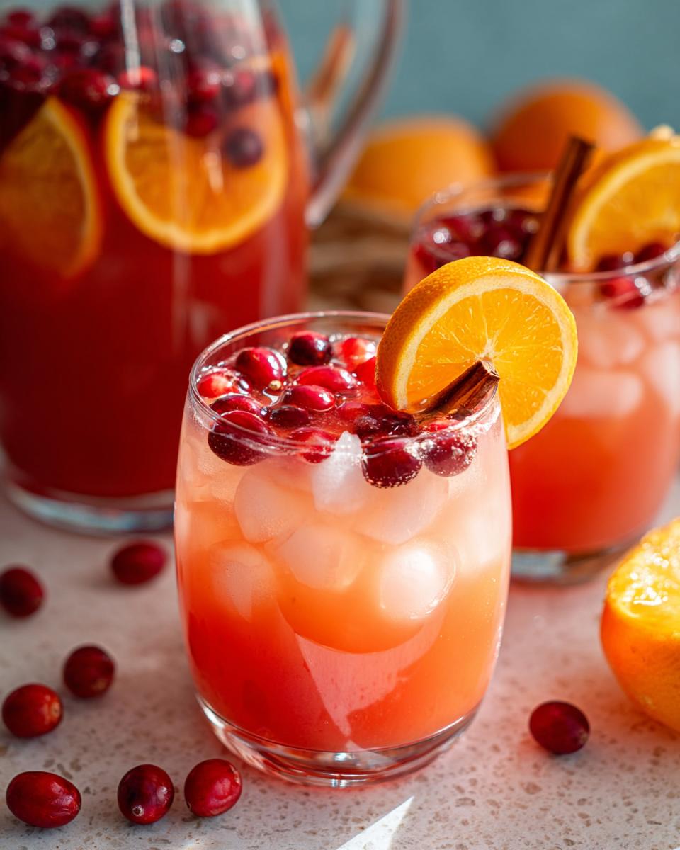 Close-up of a refreshing Thanksgiving drink with ice, cranberries, orange slices, and a cinnamon stick.