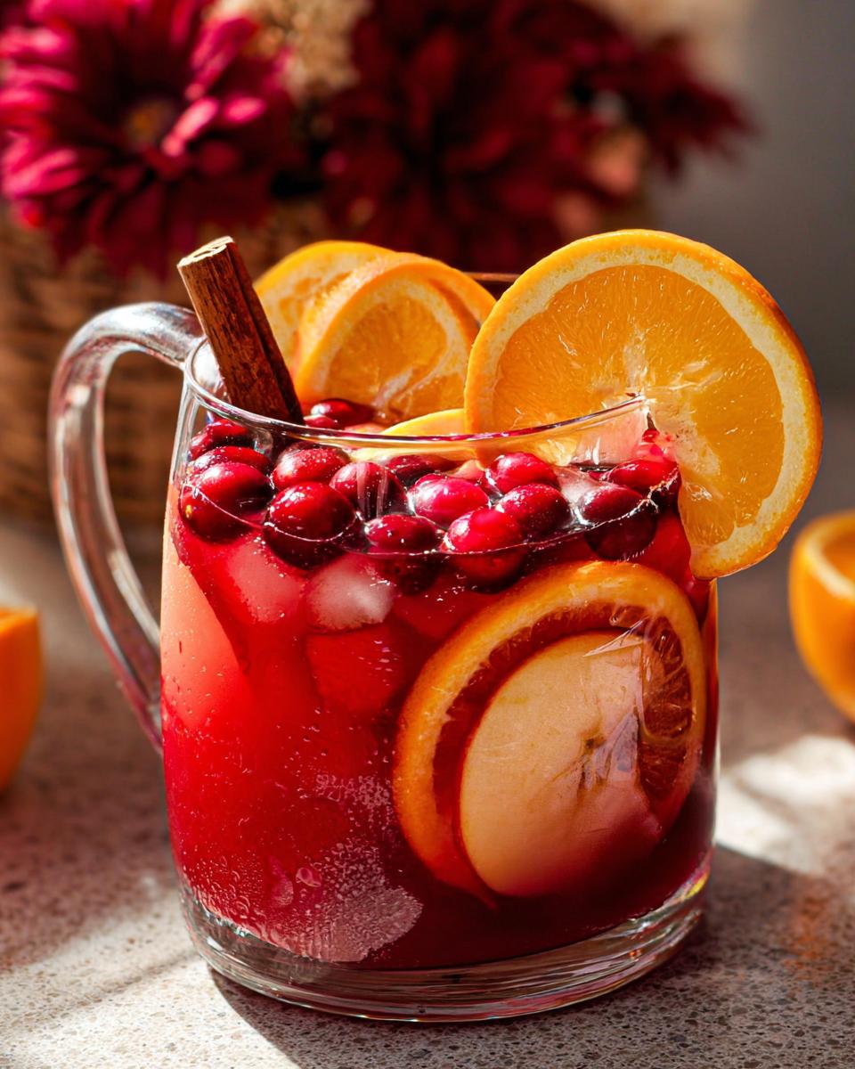 A pitcher of festive Thanksgiving drinks filled with cranberries, orange slices, apple slices, ice, and a cinnamon stick.