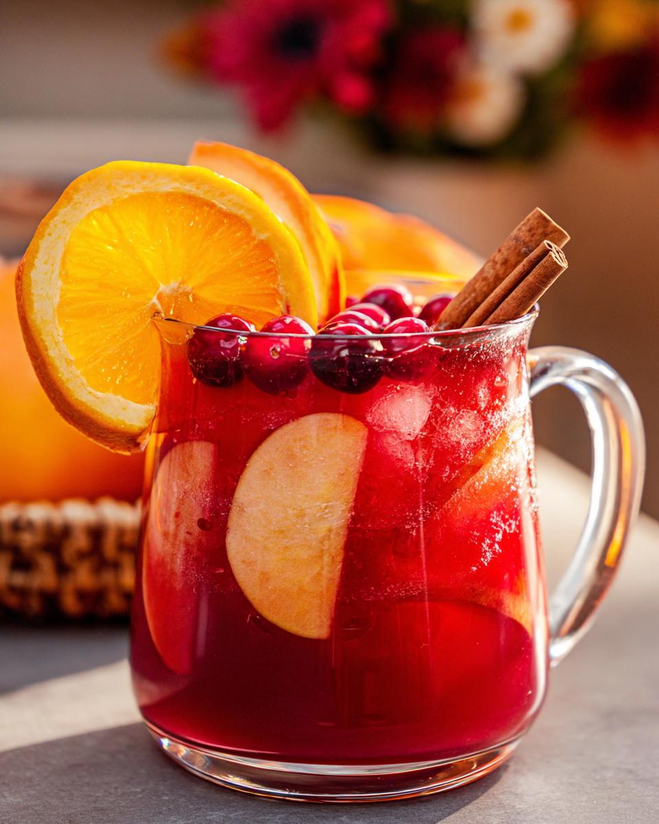 A pitcher of festive Thanksgiving drinks with oranges, cranberries, apples, and cinnamon sticks.