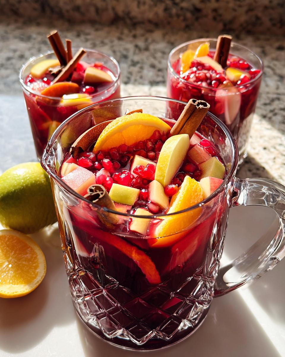 A pitcher and glasses filled with a festive Thanksgiving drinks recipe: red sangria with apples, oranges, pomegranate seeds, and cinnamon sticks.