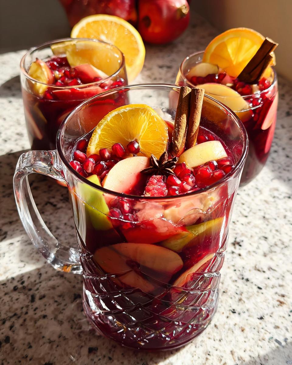 Close-up of a Thanksgiving drinks recipe in a glass pitcher, filled with red wine, apples, oranges, and pomegranate seeds.