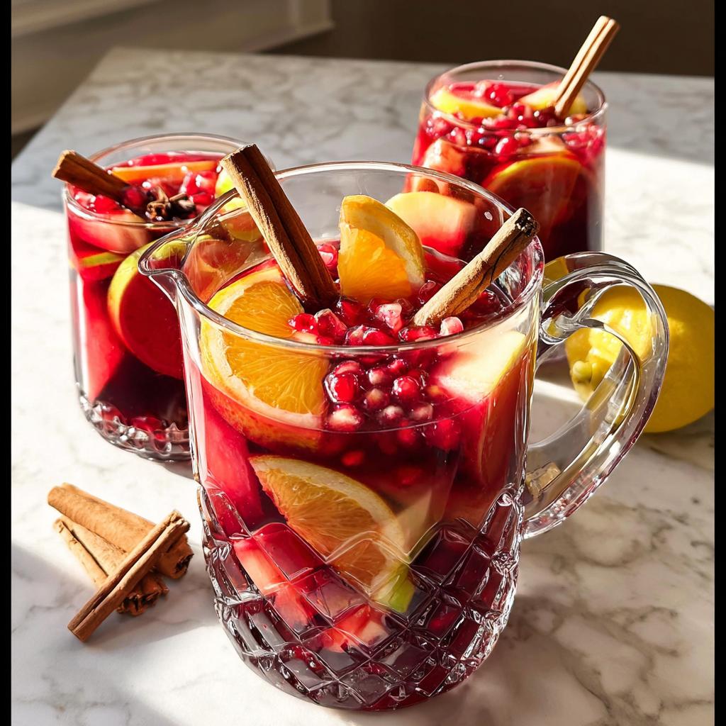 A pitcher and glasses filled with a red Thanksgiving drinks recipe, featuring oranges, apples, pomegranate seeds, and cinnamon sticks.