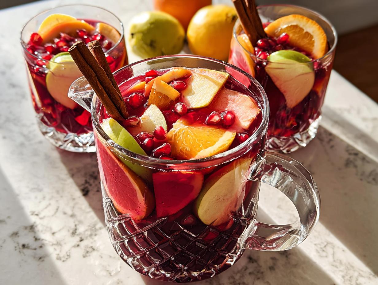 A pitcher and glasses filled with a vibrant red Thanksgiving drinks recipe, featuring fresh fruit slices, pomegranate seeds, and cinnamon sticks.