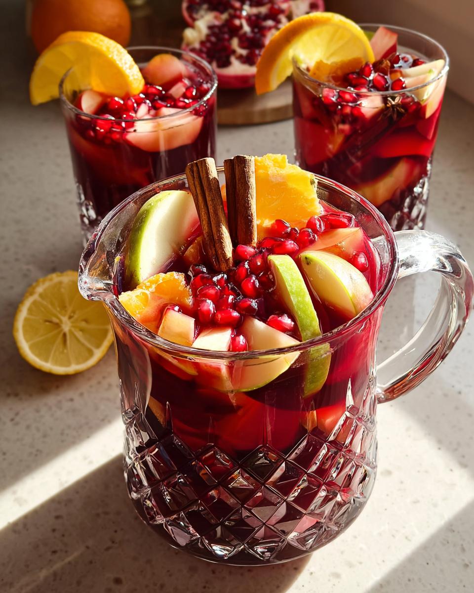 A pitcher and glasses filled with a vibrant red Thanksgiving Drinks Recipe, loaded with apples, oranges, pomegranate seeds, and cinnamon sticks.
