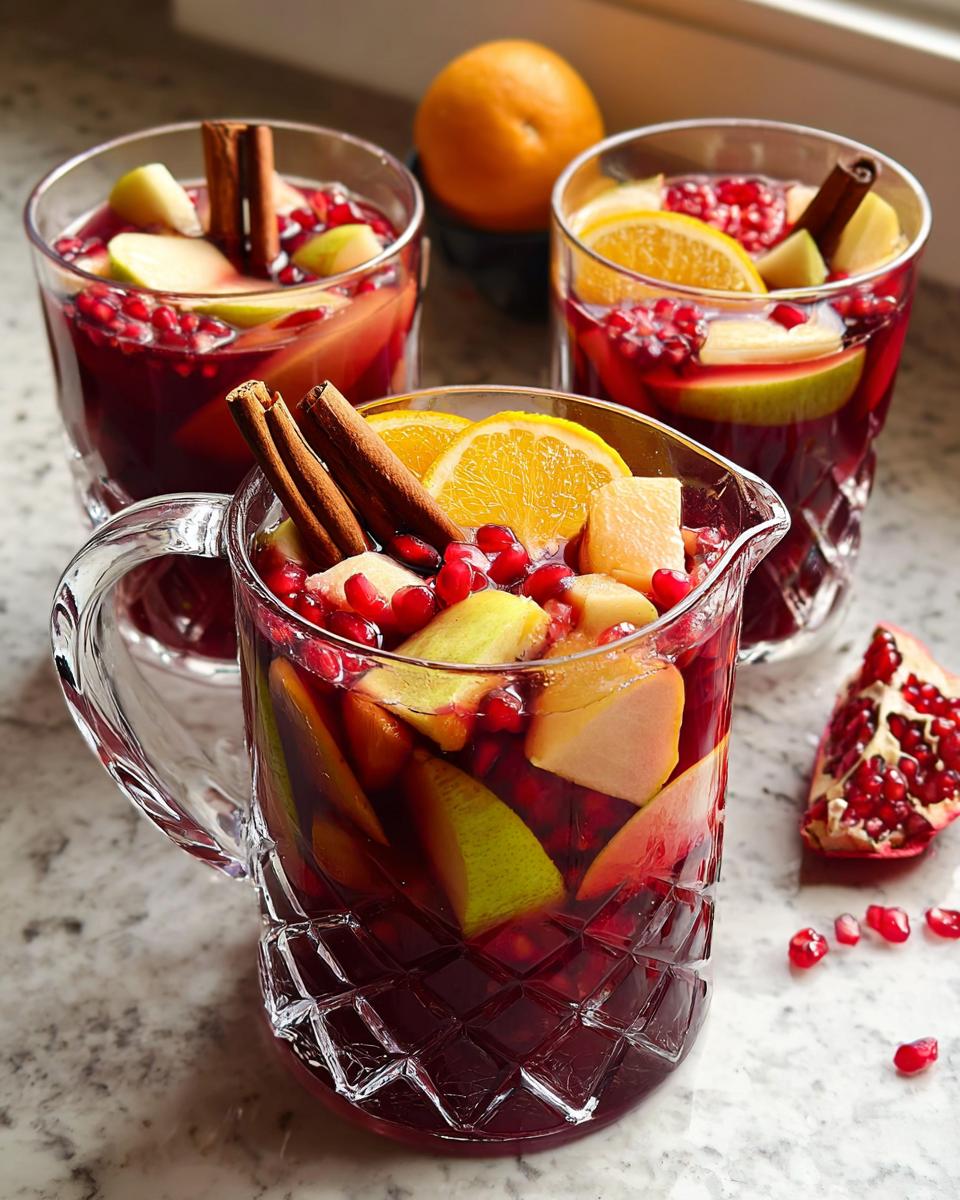 A crystal pitcher filled with a ruby red Thanksgiving drinks recipe, featuring fruit slices, pomegranate seeds, and cinnamon sticks.