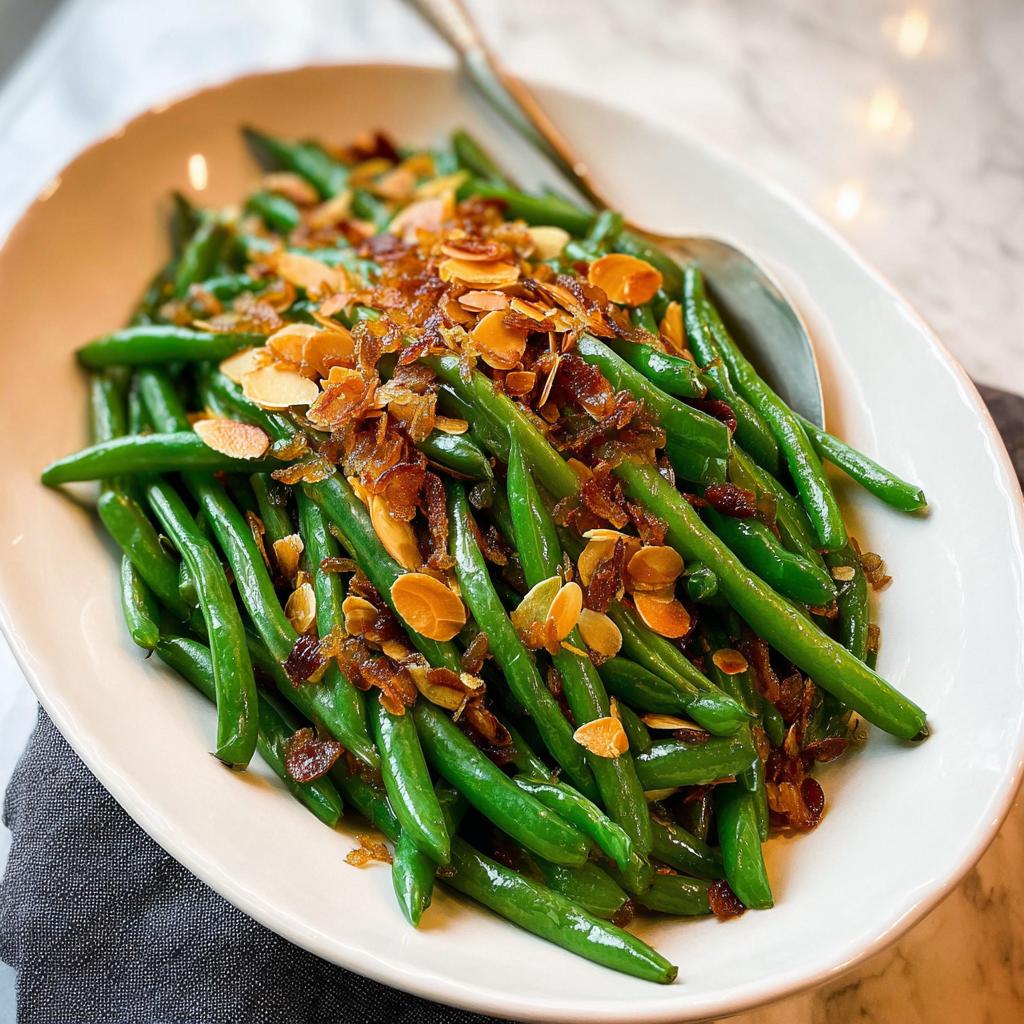 A platter of vibrant Thanksgiving green beans in 20 minutes, topped with toasted almonds and crispy shallots.