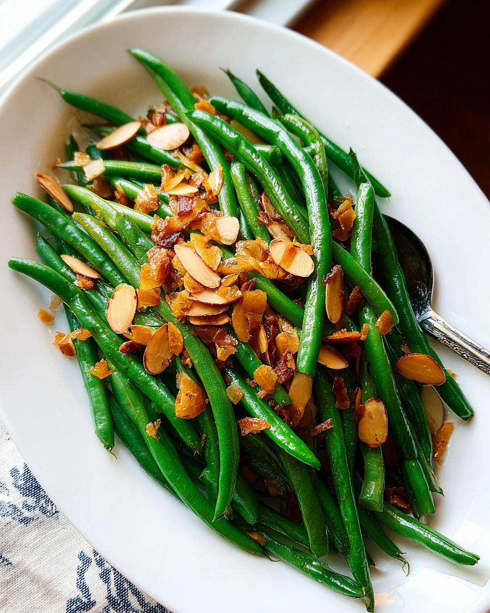 A white oval dish filled with bright green beans topped with toasted almond slivers and crispy bits.