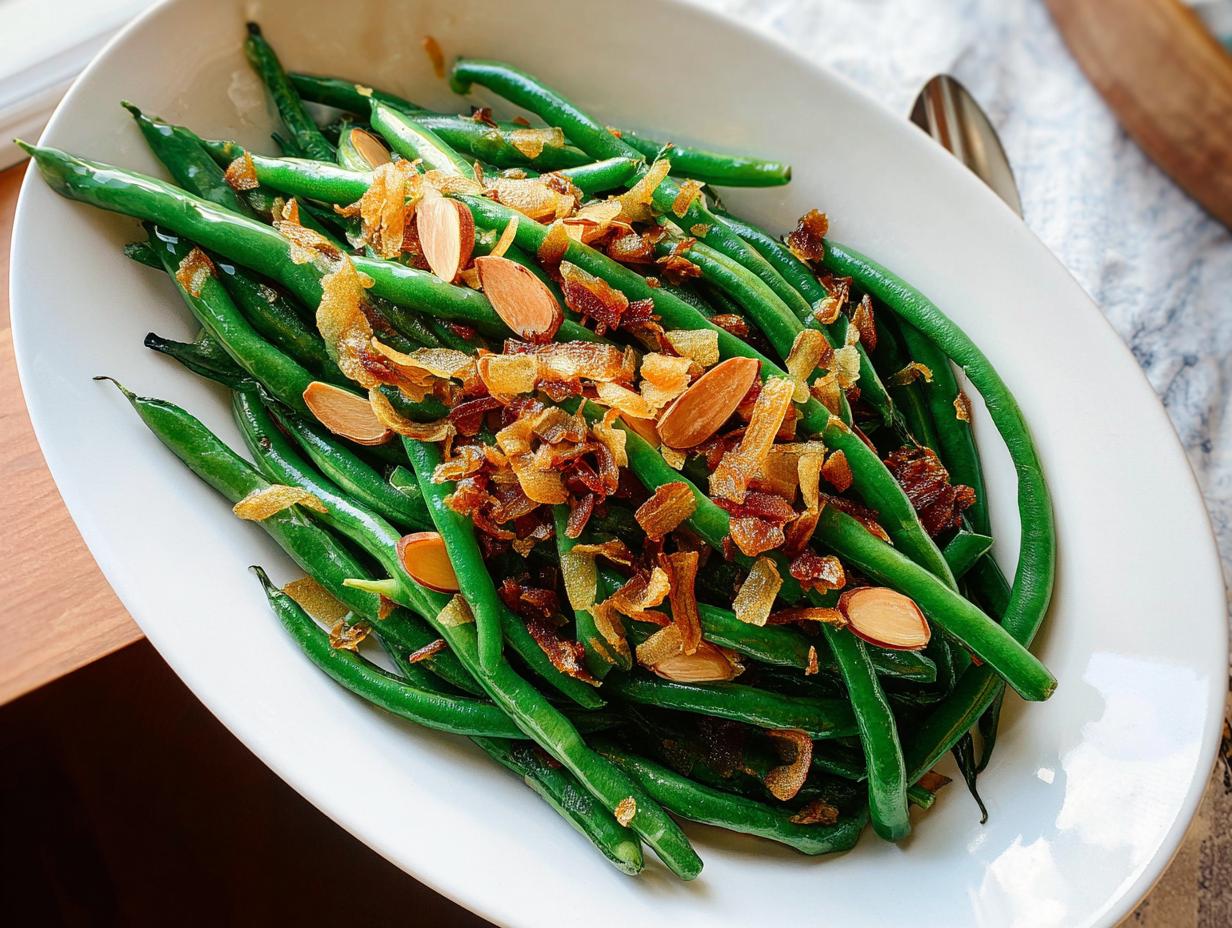 A close-up of bright green Thanksgiving green beans topped with crispy fried onions and sliced almonds.