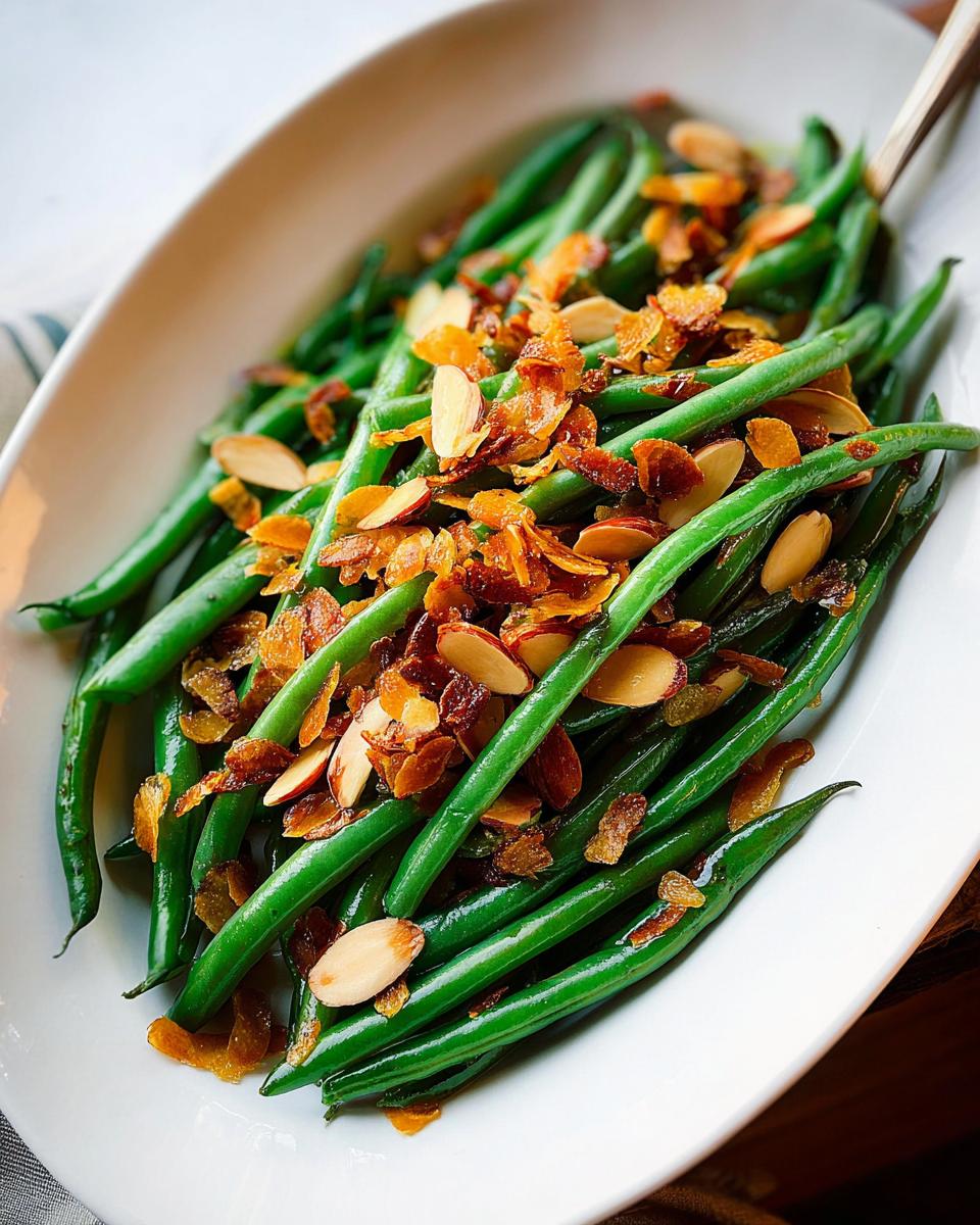 Close-up of Thanksgiving Green Beans topped with toasted almonds and crispy bits.