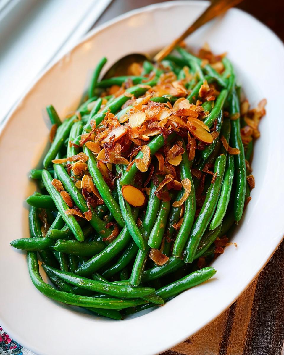 A white oval dish filled with vibrant Thanksgiving green beans topped with toasted slivered almonds.