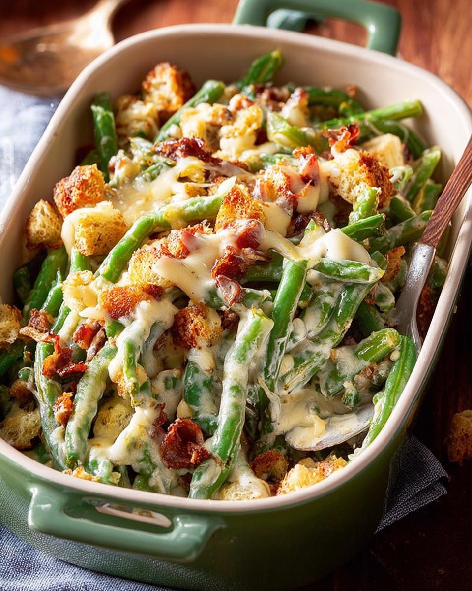 A close-up of a Thanksgiving green beans casserole in a green baking dish, topped with melted cheese, crispy bacon, and croutons.