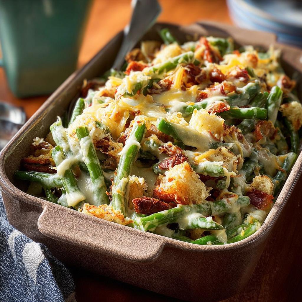 Close-up of a Thanksgiving green beans casserole in a baking dish, topped with melted cheese and croutons.