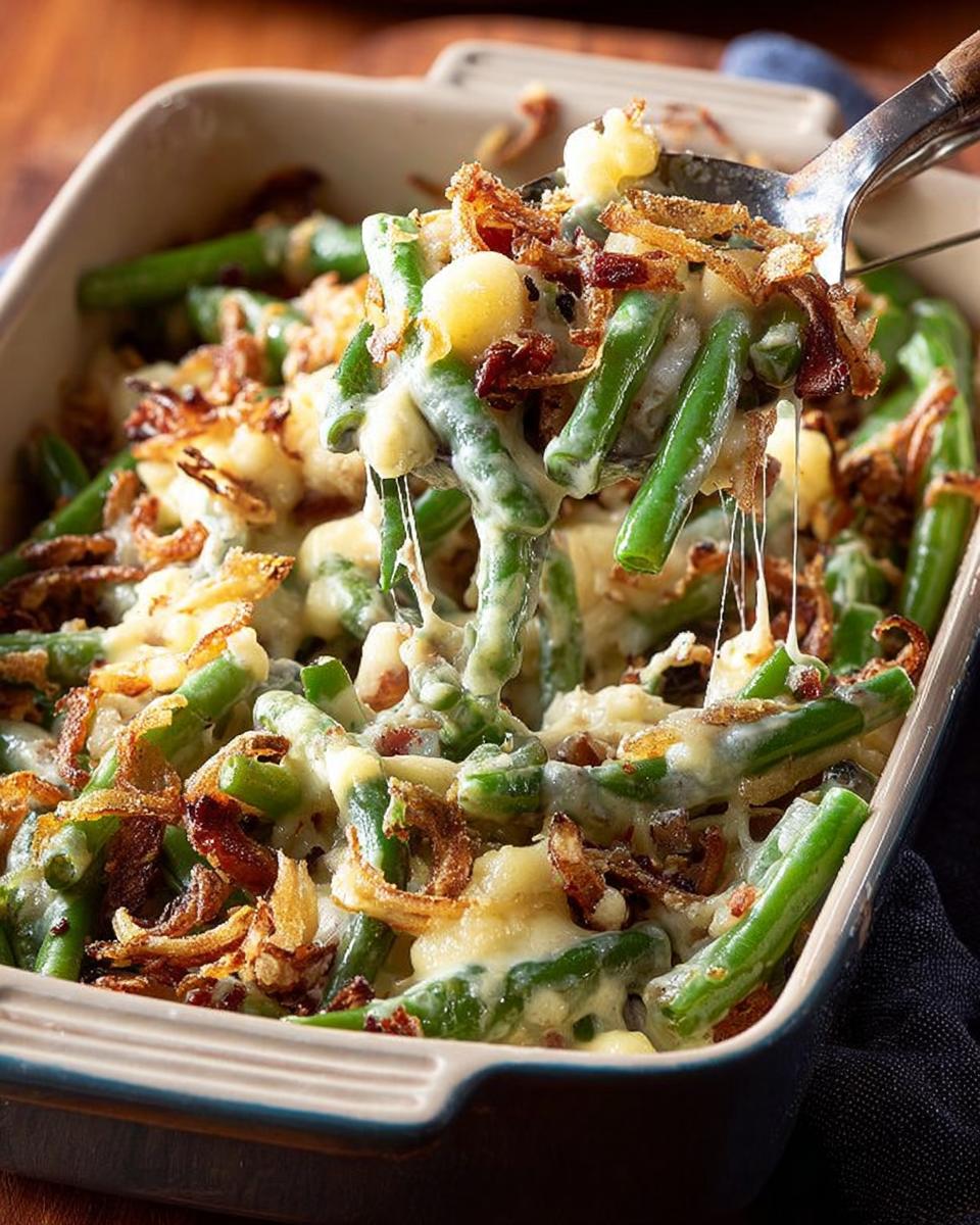 A spoonful lifting cheesy Thanksgiving green beans casserole, topped with crispy fried onions.