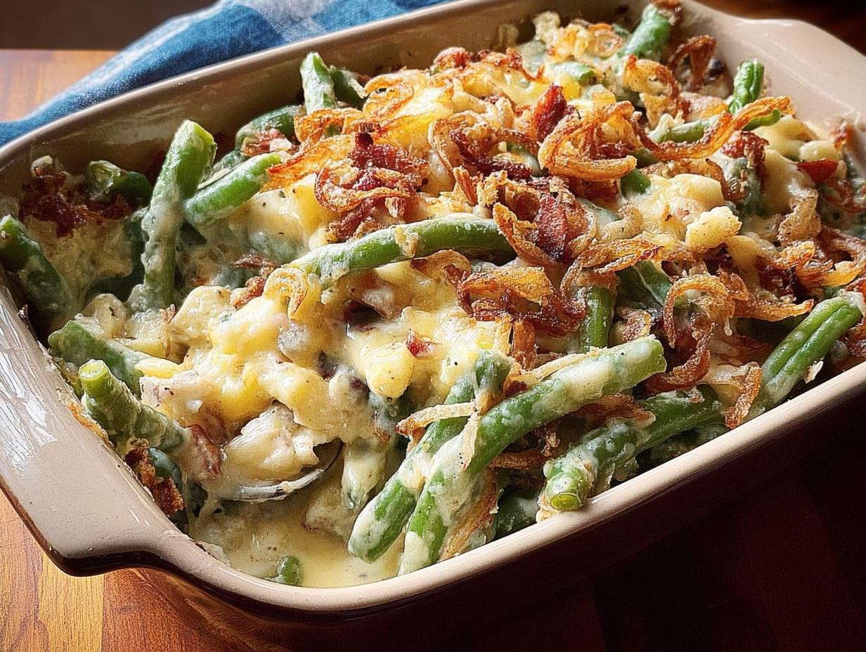 Close-up of a creamy Thanksgiving green bean casserole topped with crispy fried onions and bacon.