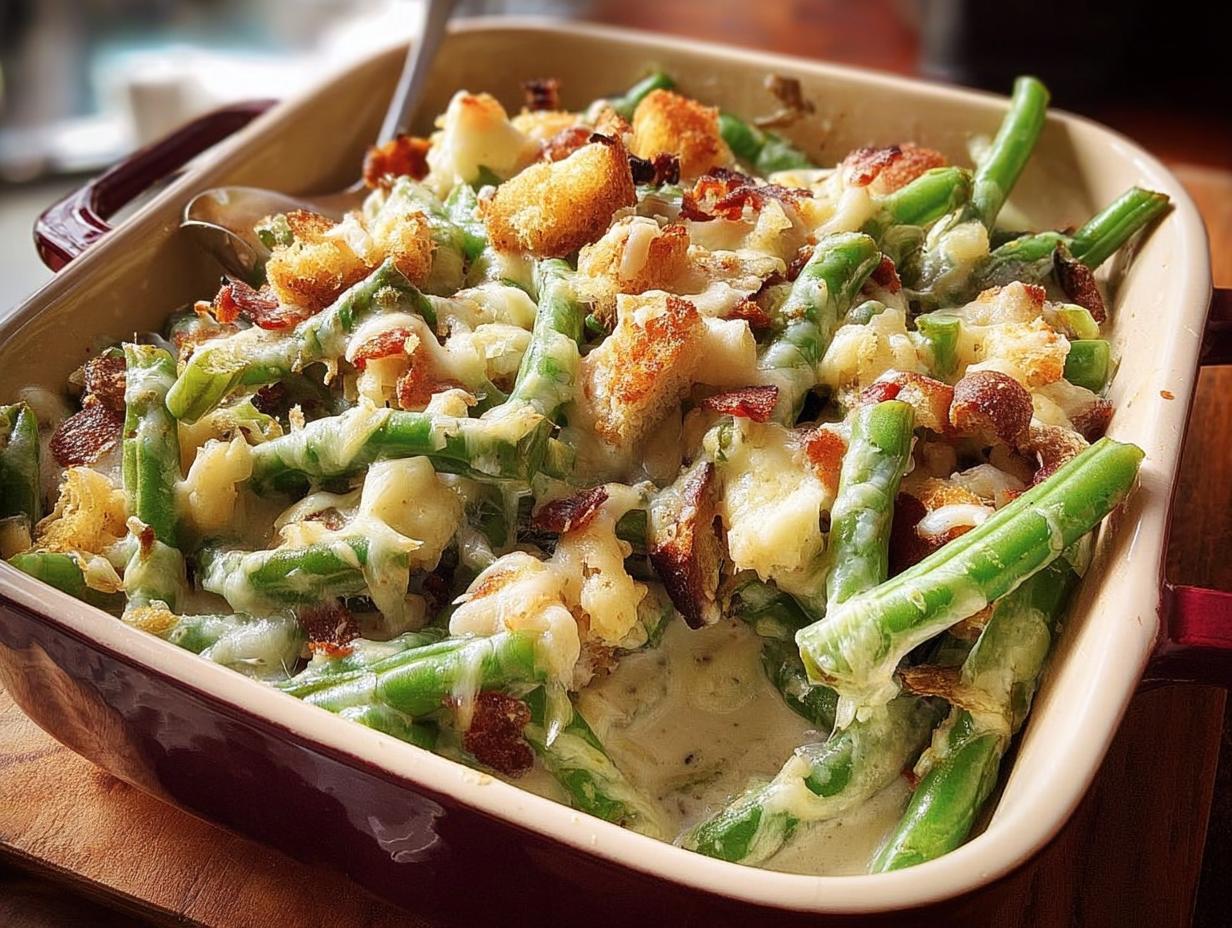 Close-up of a creamy Thanksgiving green beans casserole topped with crispy croutons and bacon.