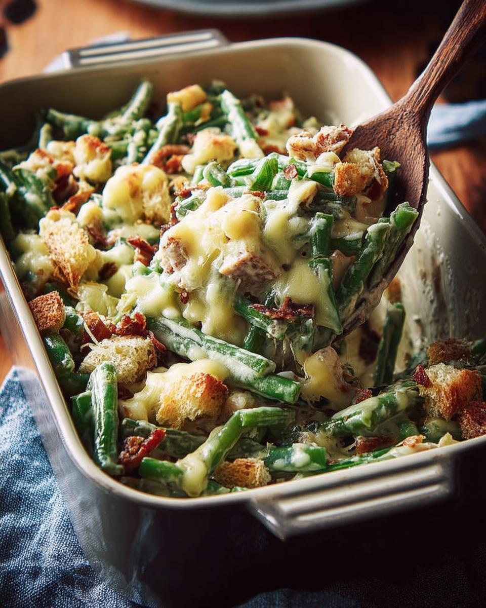 A wooden spoon scooping a serving of creamy Thanksgiving green beans casserole with croutons and bacon.