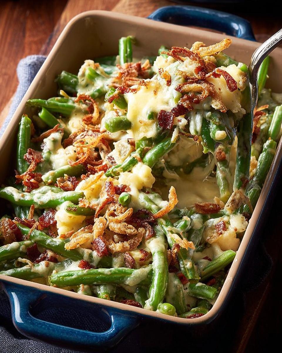 A spoonful of creamy Thanksgiving green beans casserole with crispy fried onions and bacon.