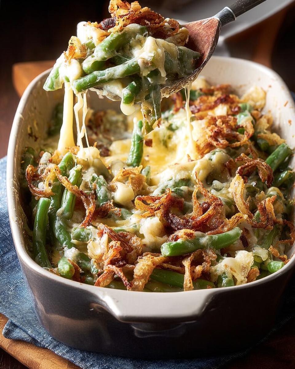A spoonful of creamy Thanksgiving green beans casserole, topped with crispy fried onions and melted cheese.