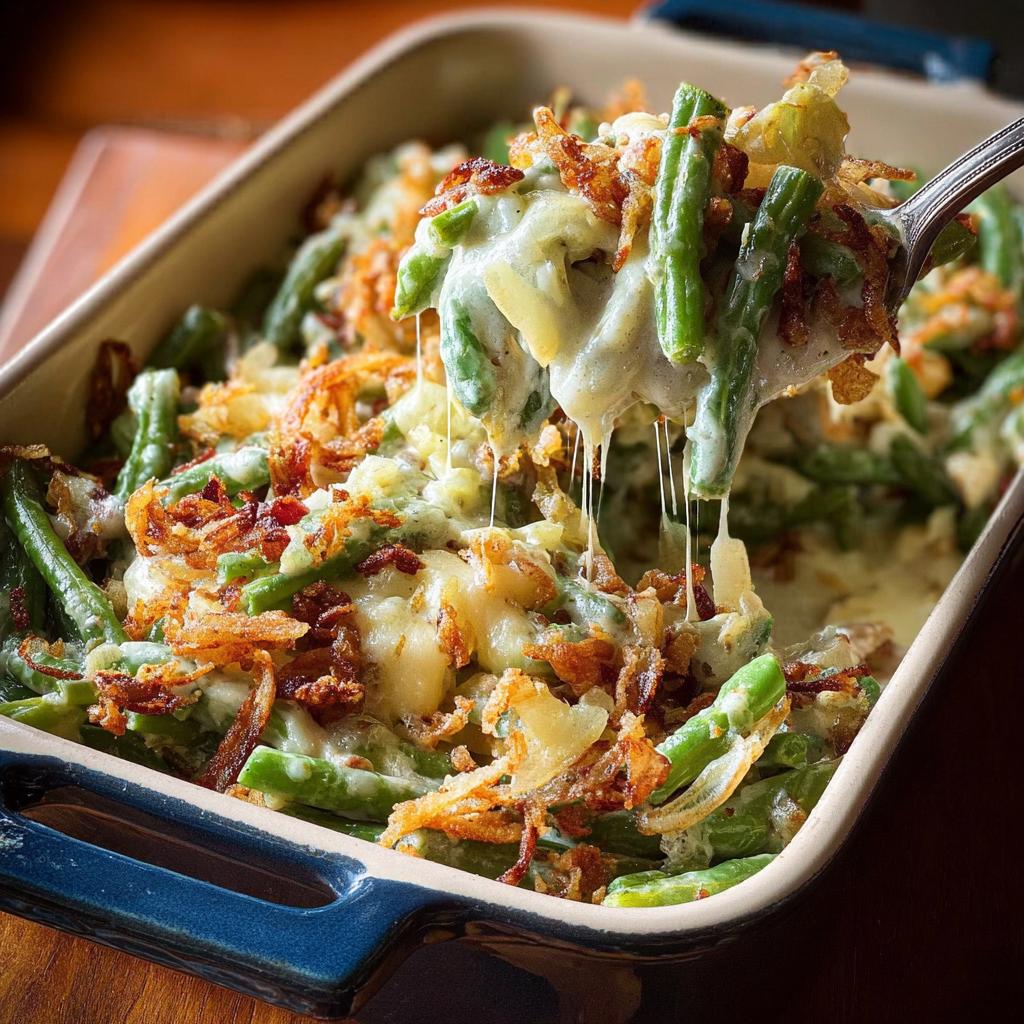 A spoonful of creamy Thanksgiving green beans casserole, topped with crispy fried onions and melted cheese.