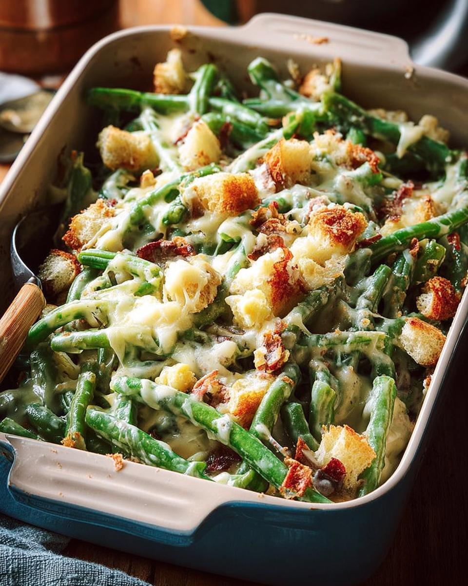 Close-up of a Thanksgiving green beans casserole in a baking dish, topped with melted cheese, croutons, and bacon.
