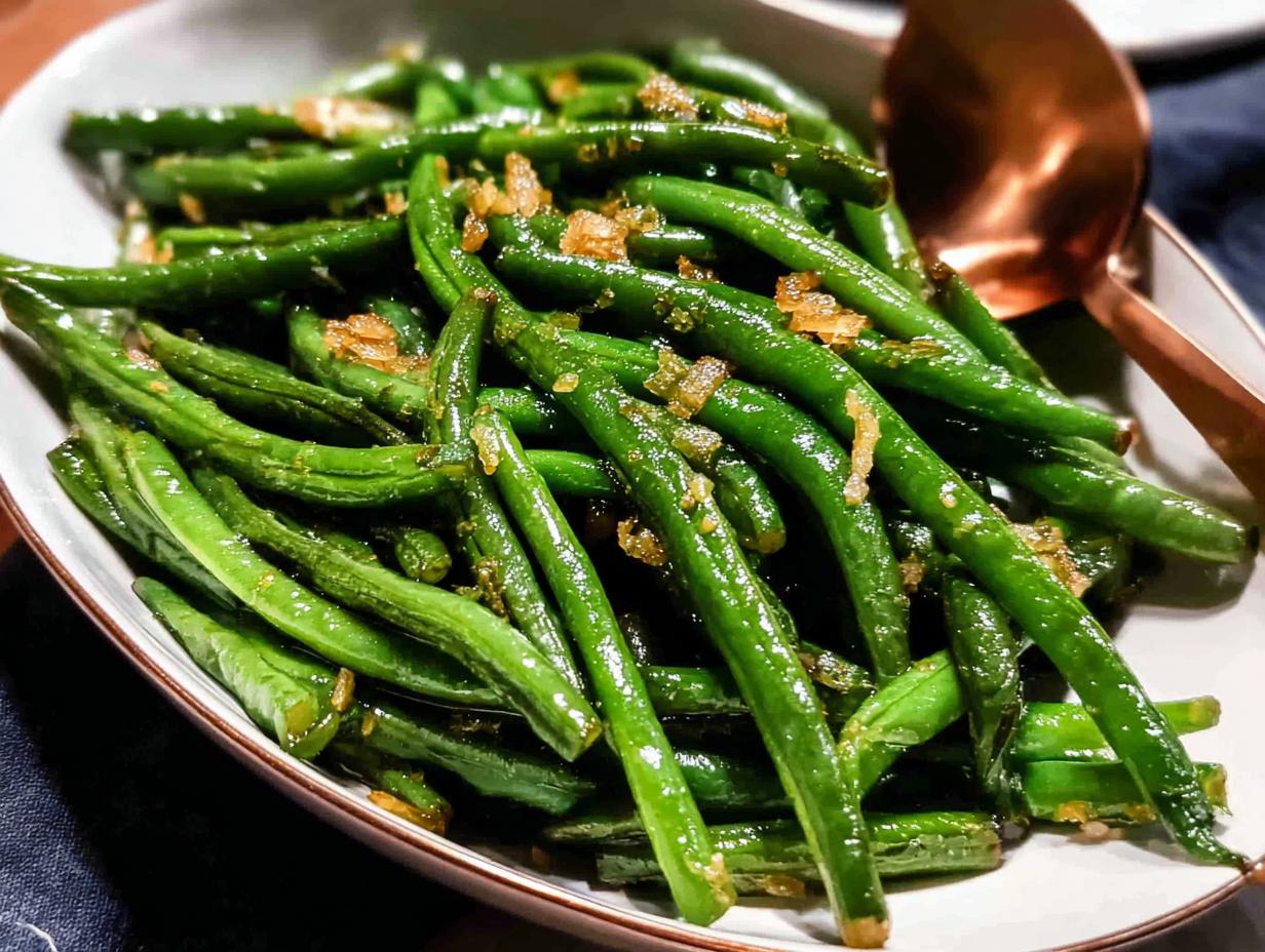 A close-up of bright green Thanksgiving green beans tossed with crispy shallots in a serving dish.