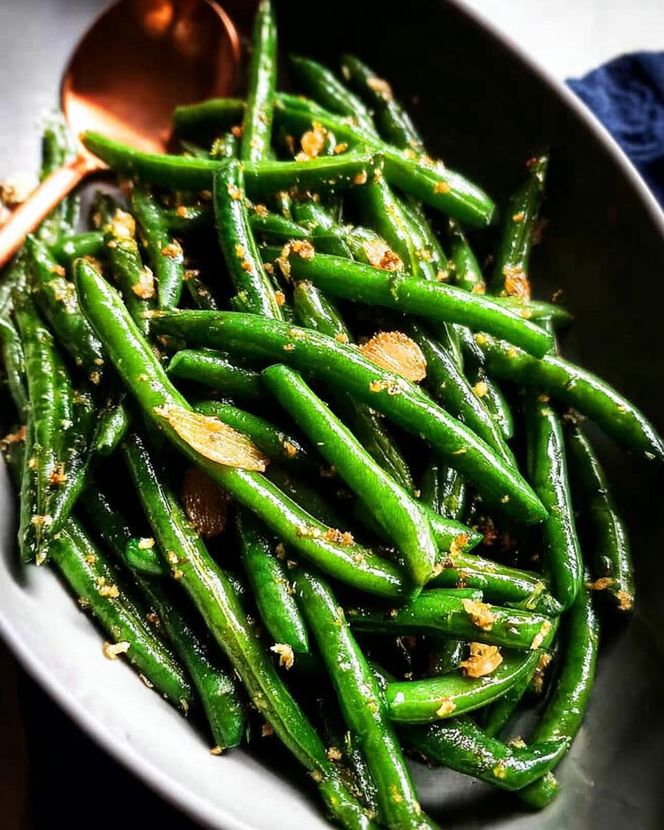 A close-up of glistening, perfectly cooked Thanksgiving green beans tossed with garlic and seasonings in a serving dish.