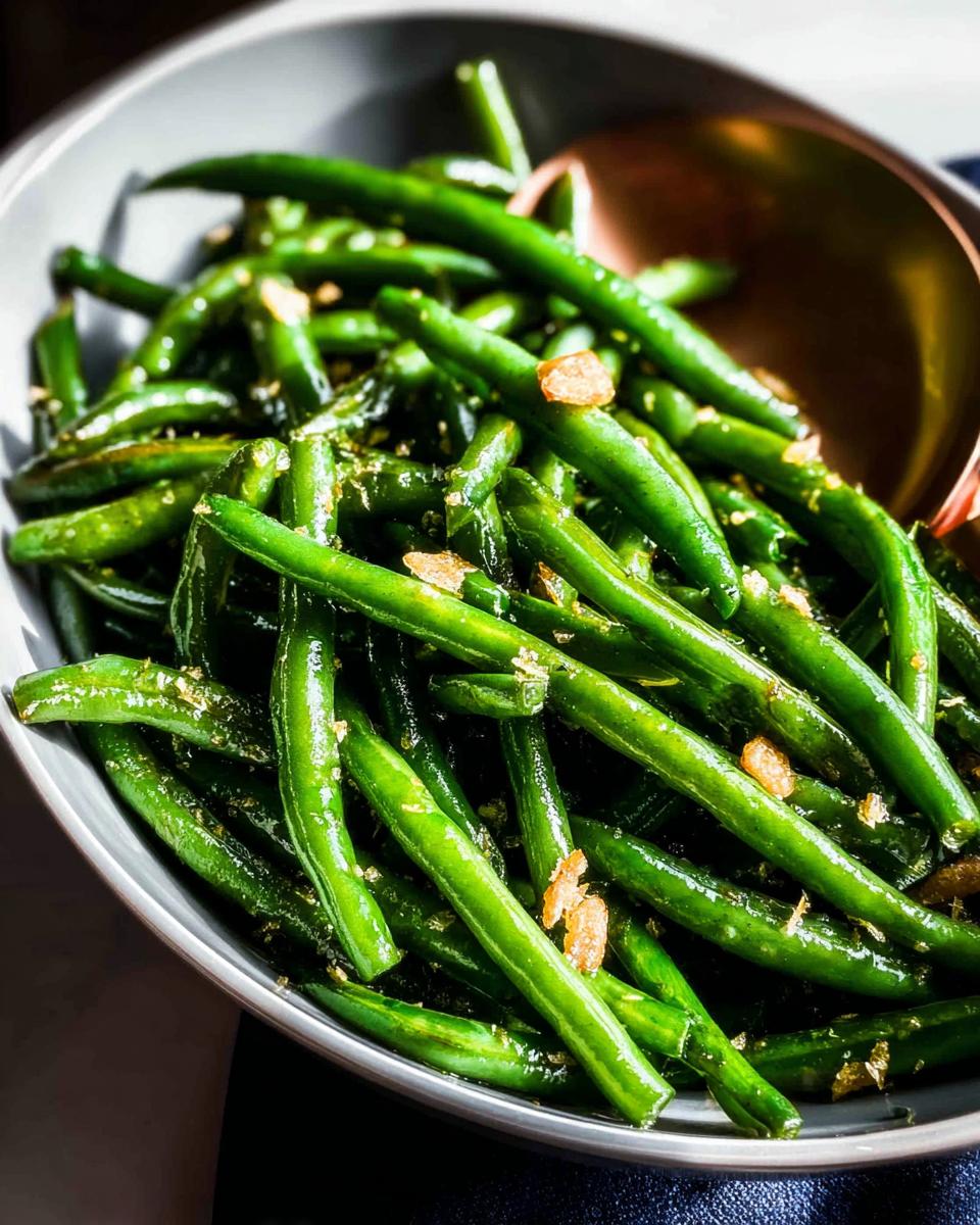 A close-up of a bowl filled with glossy, perfectly cooked Thanksgiving green beans, seasoned with garlic.