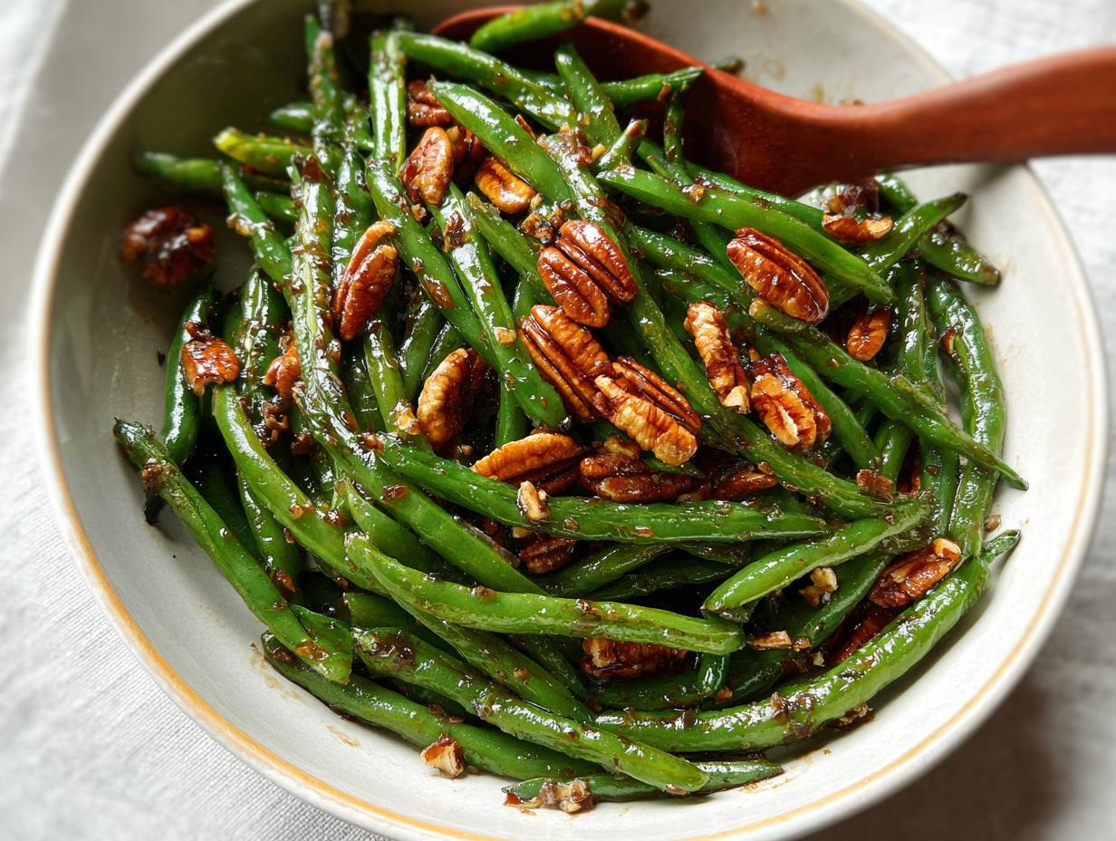 Close-up of Thanksgiving green beans tossed with a glossy sauce and topped with toasted pecans.