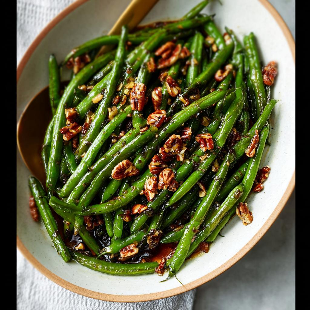 A bowl of Thanksgiving green beans with pecans, glazed and ready to serve.