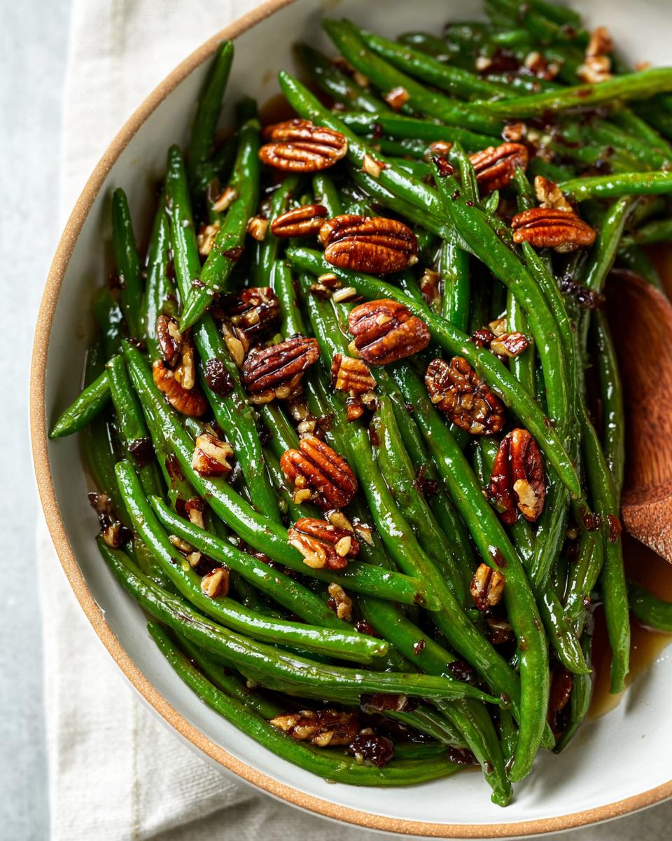 Close-up of Thanksgiving Green Beans with pecans and a glossy sauce in a white bowl.