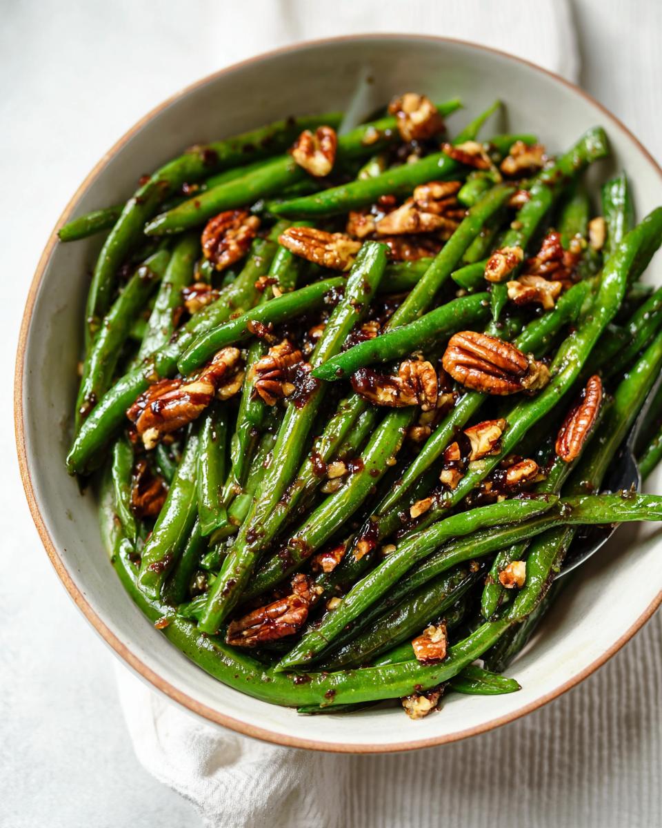 A close-up of Thanksgiving Green Beans for Busy Weeknights, tossed with a glaze and topped with toasted pecans.