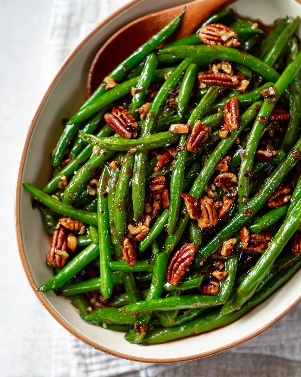 Close-up of Thanksgiving Green Beans with Pecans in a serving dish, glazed and ready to eat.