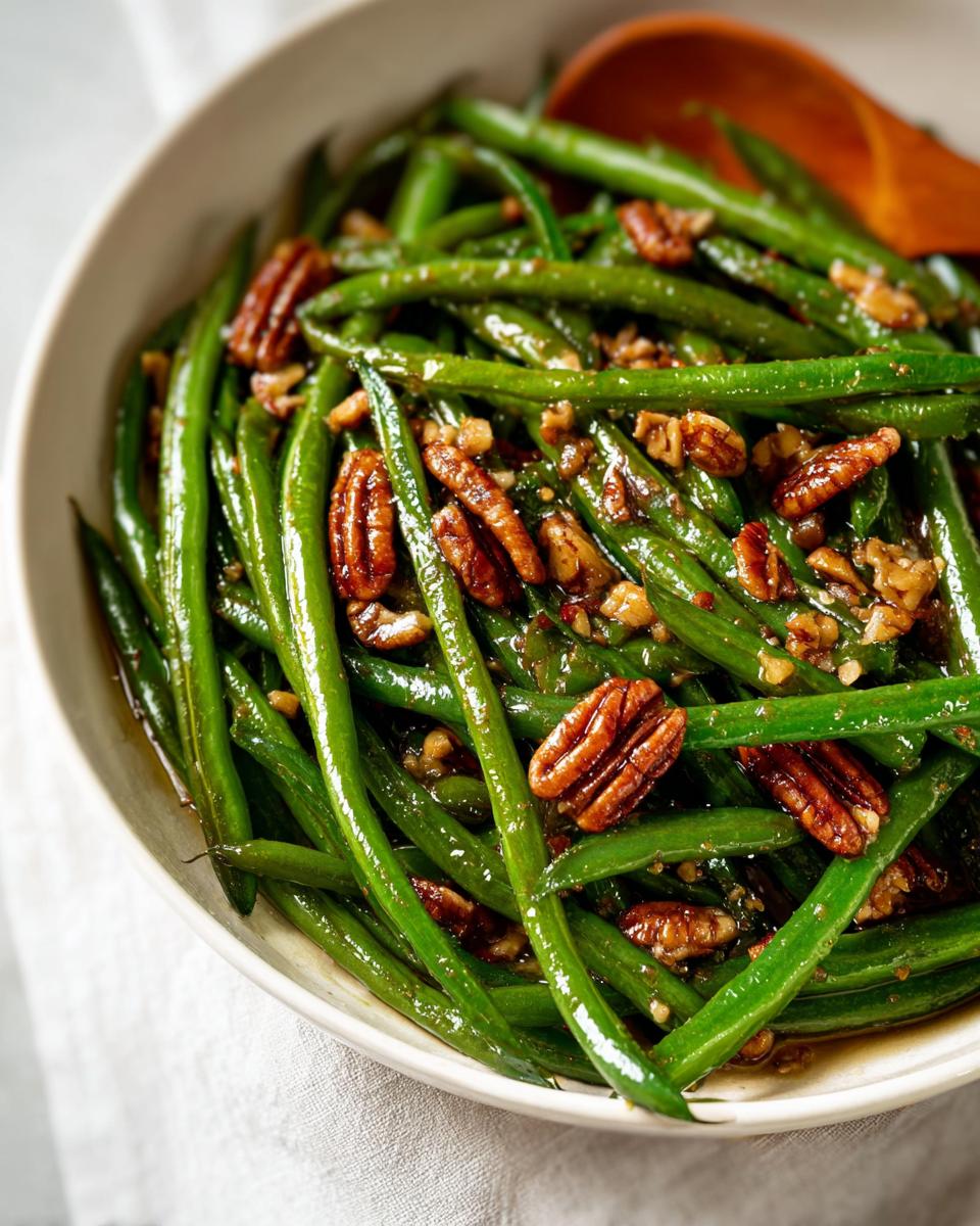 Close-up of a bowl filled with glossy green beans and toasted pecans, part of a Thanksgiving Green Beans Recipe.