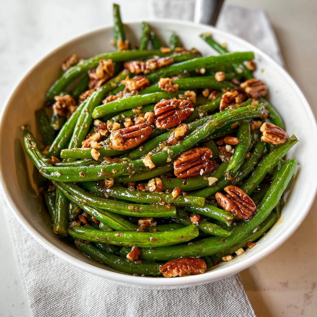 A bowl of vibrant green beans tossed with a glistening sauce and topped with toasted pecans, perfect for a Thanksgiving Green Beans Recipe.