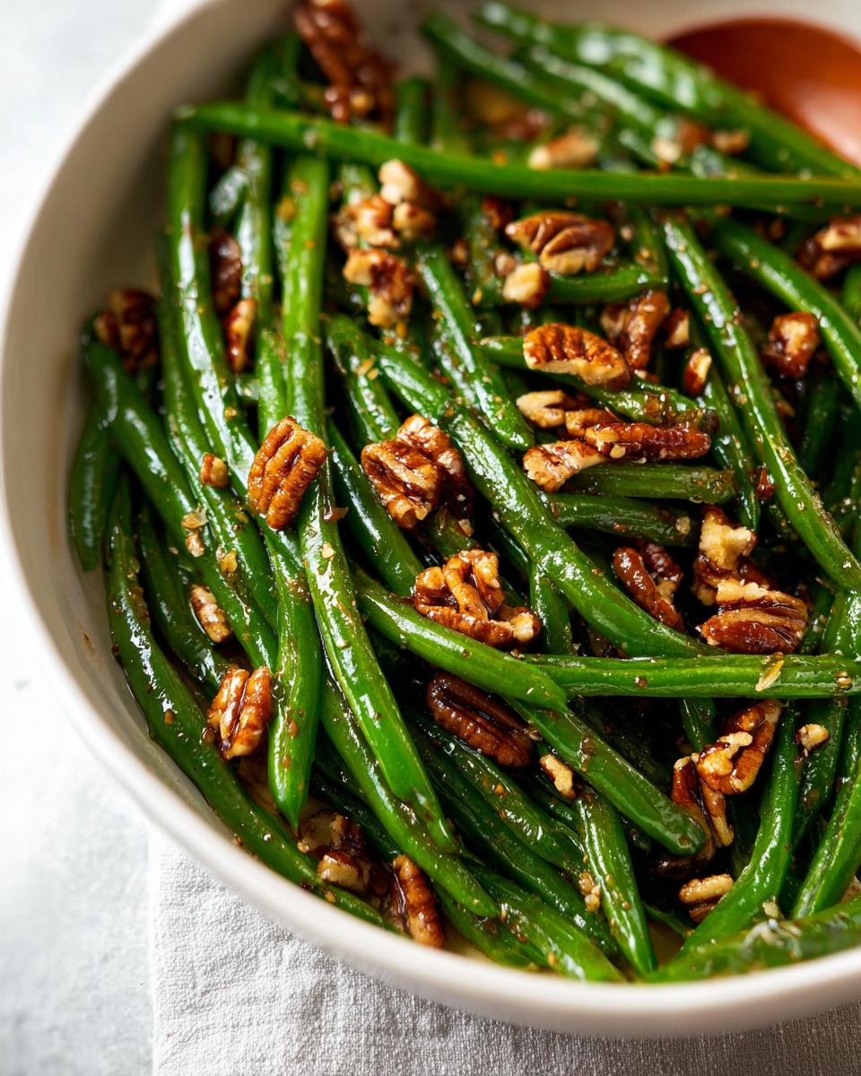 Close-up of a bowl of vibrant green beans tossed with toasted pecans, a perfect Thanksgiving Green Beans Recipe.