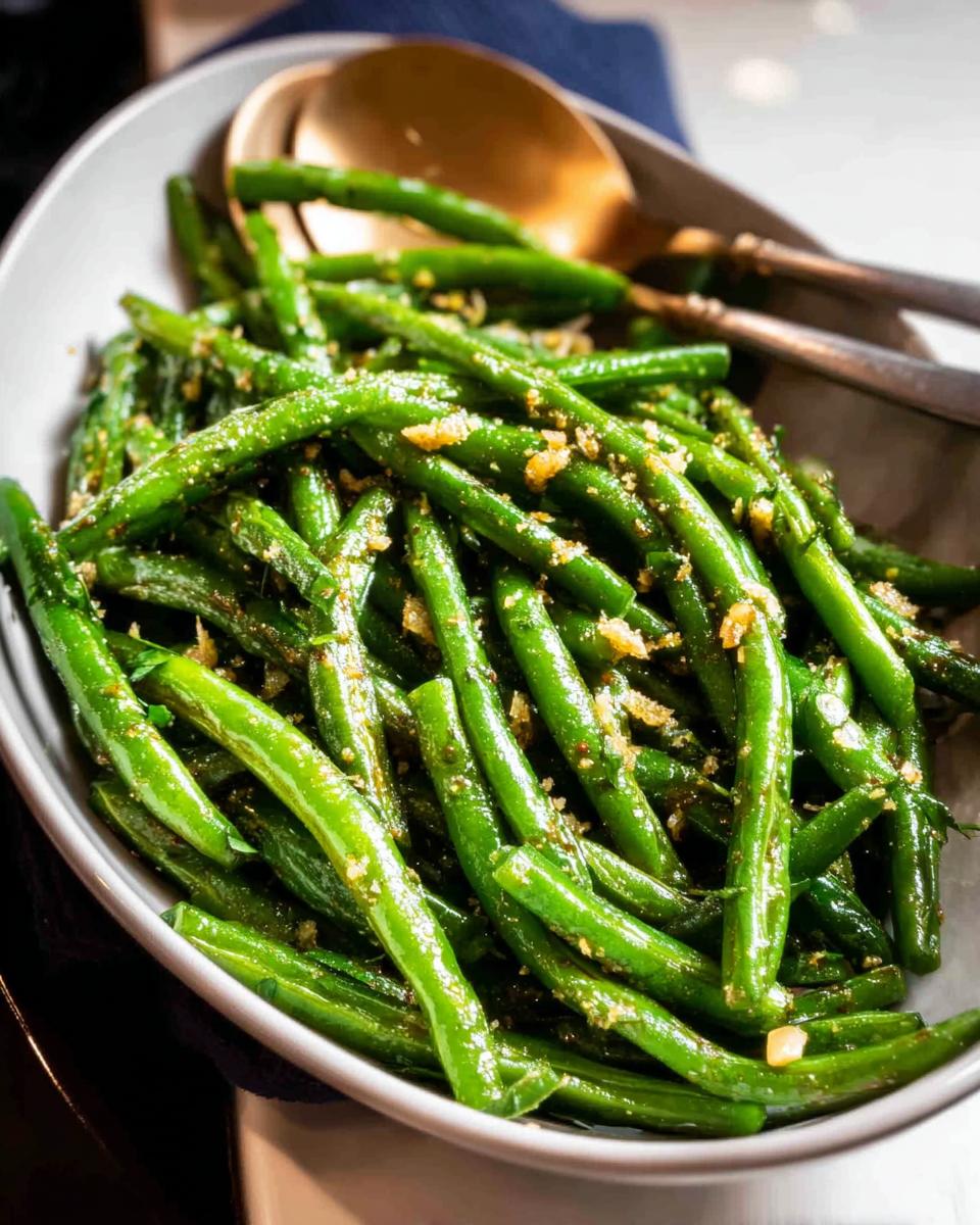 A close-up of a bowl of perfectly cooked Thanksgiving Green Beans, glistening and seasoned.