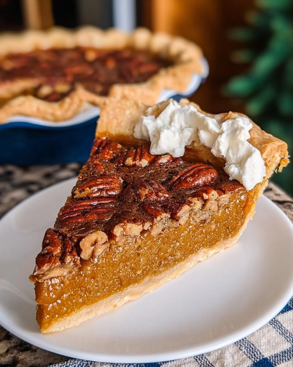 A slice of pecan pie with whipped cream, showcasing a golden crust and rich filling, perfect for Thanksgiving desserts.