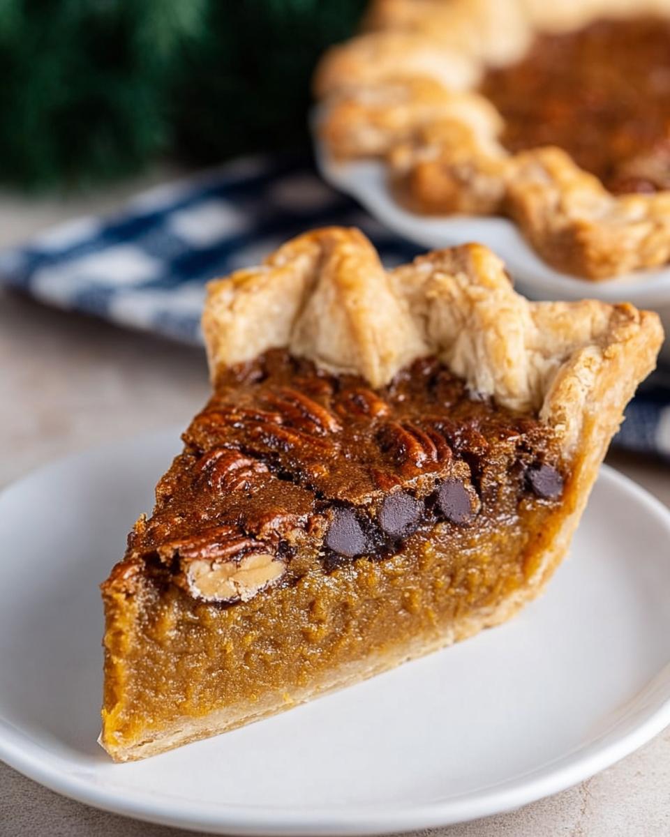 A slice of foolproof Thanksgiving pecan pie with chocolate chips and pecans on a white plate.