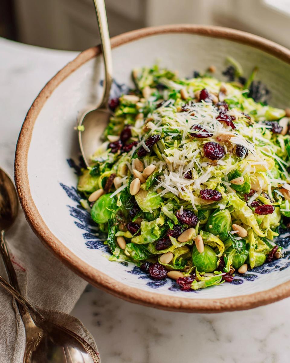 A vibrant Thanksgiving salad featuring shredded Brussels sprouts, dried cranberries, pine nuts, and grated Parmesan cheese in a decorative bowl.