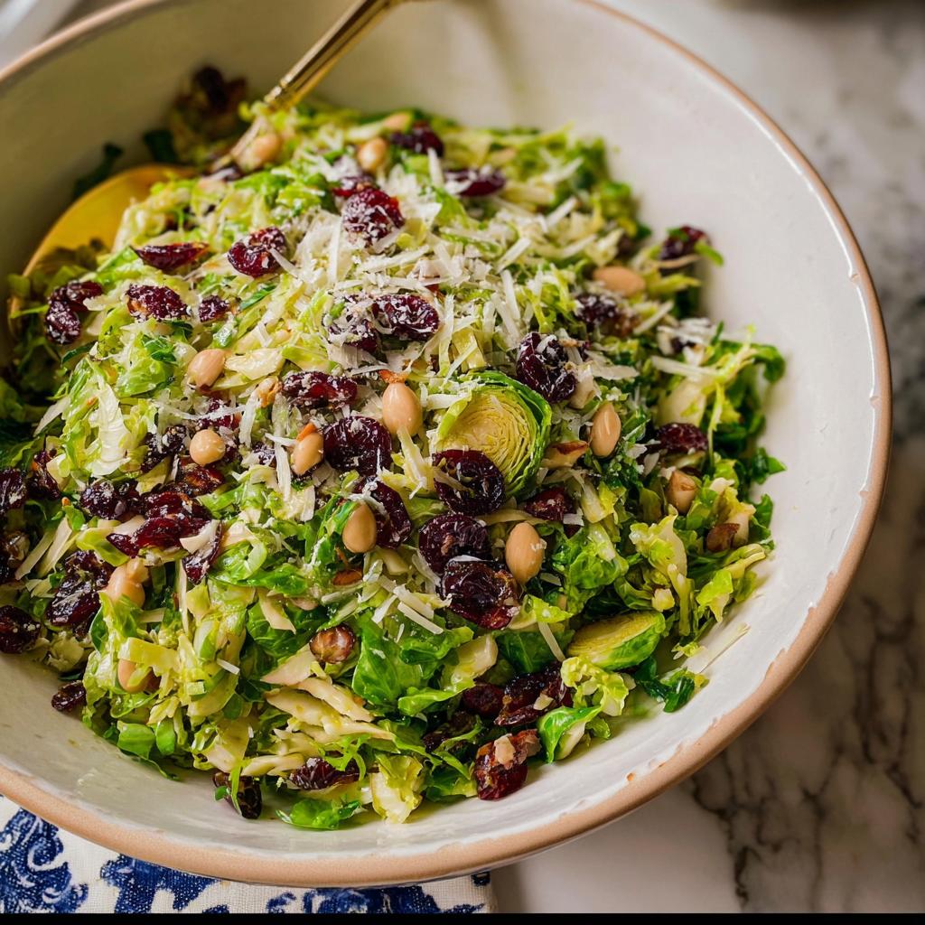 A bowl of shredded Brussels sprout salad with dried cranberries, slivered almonds, and shaved parmesan cheese, perfect for Thanksgiving.