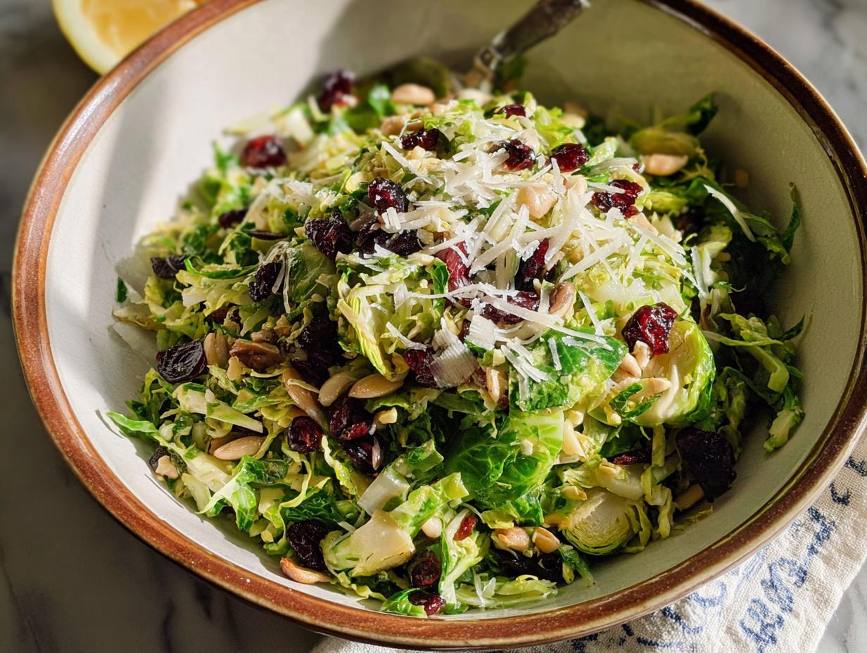 A vibrant Thanksgiving salad featuring shredded Brussels sprouts, dried cranberries, slivered almonds, and shaved Parmesan cheese.