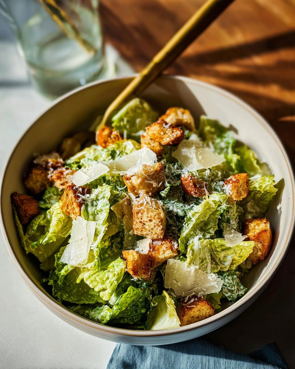 A bowl of fresh Thanksgiving salad with crisp romaine lettuce, golden croutons, and shaved Parmesan cheese.